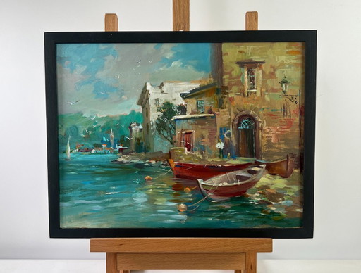 Pintura al óleo original Paisaje urbano con muelle y río en colores del atardecer.