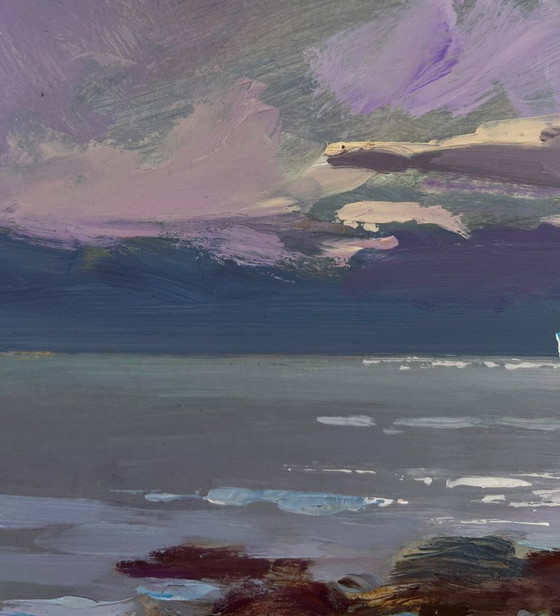 Image 1 of Original Oil Painting Evening Coastal Landscape Sailboat Over Blue Waves