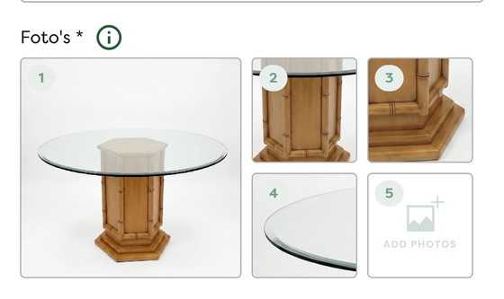 Image 1 of Table de salle à manger vintage en faux bambou / bambou / ronde / verre