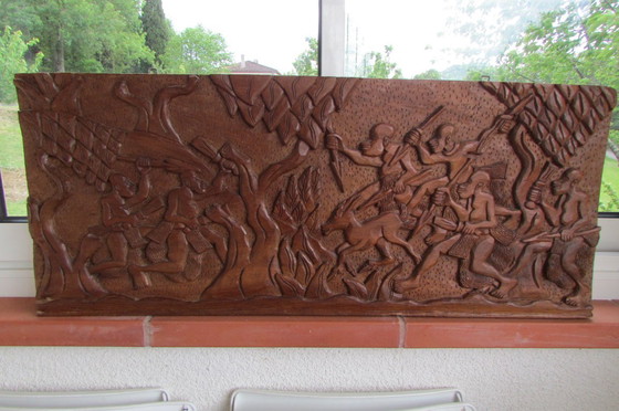 Image 1 of Panneau Bas Relief en Bois Sculpté, Afrique, 1970s