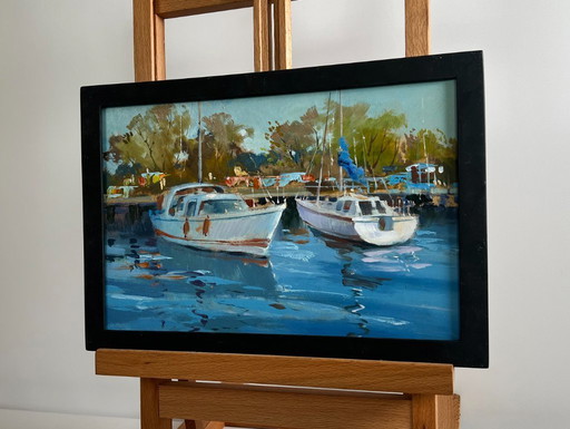 Original Oil Painting River Boats Landscape Summer Yacht Club