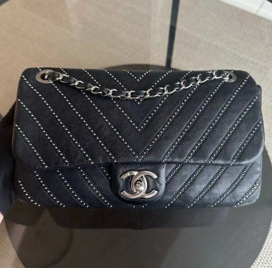 Image 1 of Chanel Seasonal Flap - Studded 25CM Chevron Calfskin Black Silver Hardware Series 24