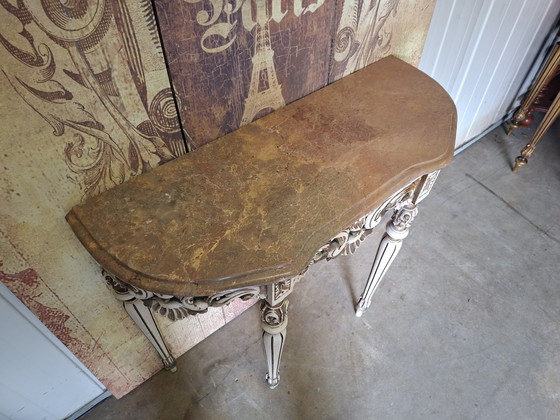Image 1 of Antieke barok wandconsole, sidetable. haltafel met spiegel afm: 87x34m en 76cm hoog.

afm. spiegel 55x95cm 
