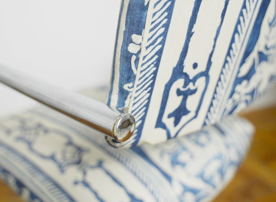 Image 1 of Bauhaus Cantilever Chairs, Portuguese Blue and White Tile Azulejo Upholstery Dining Chairs, Chromed Steel Frame Seating Set of 2