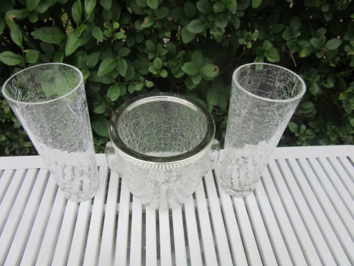 Crackle Glass Ice Bucket and 2 Matching Long Drink Glasses, mid century modern