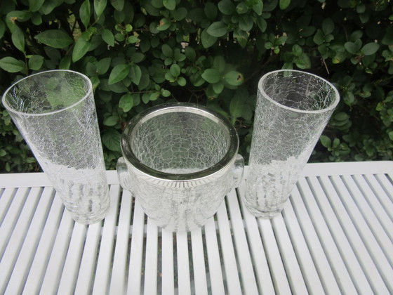 Image 1 of Crackle Glass Ice Bucket and 2 Matching Long Drink Glasses, mid century modern