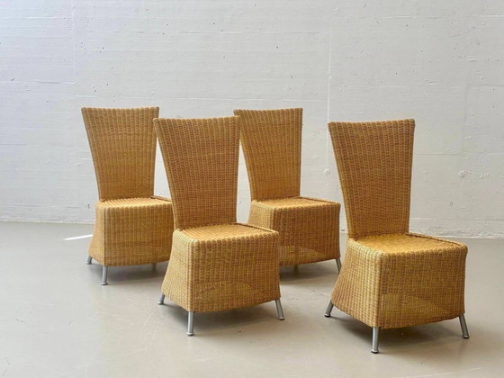 4 rattan wicker chairs with high backrests and metal legs, 1990s – Dining chairs (photo 7 of 8)