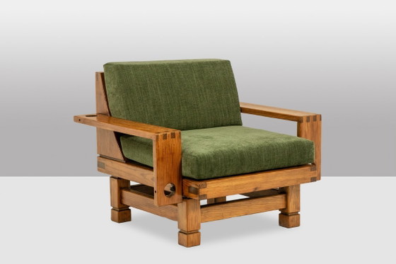 Image 1 of Een paar fauteuils in modernistische stijl, gemaakt van grenenhout. Jaren 60.