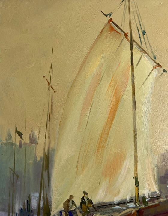 Image 1 of Pintura al óleo original Paisaje urbano al atardecer Atardecer en el muelle