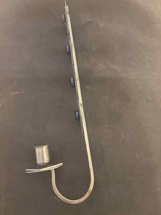 Image 1 of Raro portacandele da parete brutalista/industriale scandinavo con cabochon in vetro blu, Svezia c.1960