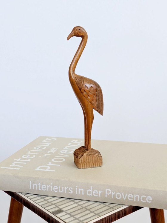 Image 1 of Midcentury Teak Wood Crane Sculpture, Hand Carved Bird, Scandinavian Modern Decor