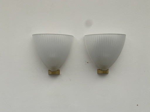 2x Wall Lamp Stresa by Lucitalia. Frosted Glass with a Plastic Brass Color Fixture.