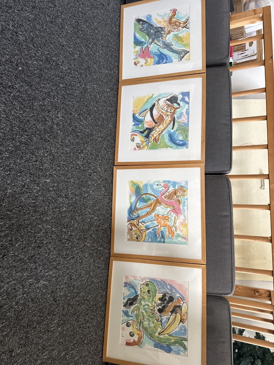 Image 1 of Vierluik van A Vrede ingelijst in blanke houten lijsten 