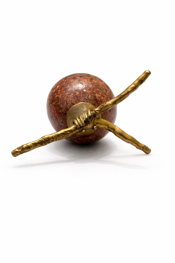 Image 1 of RARE Mid-Century Brass & Pink Natural Stone Owl Sculpture – Italy 1970s – Unique Piece