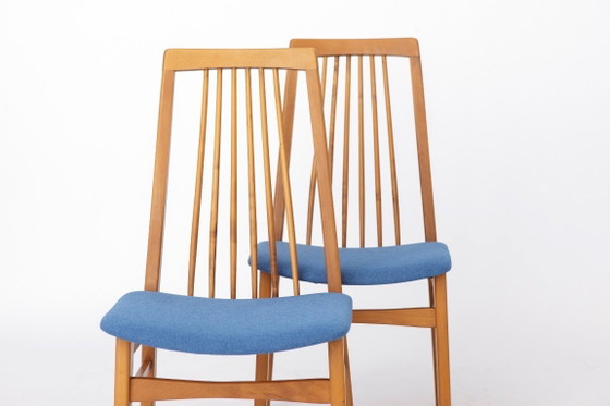 Image 1 of 2 of 6 Vintage Dining Chairs, 1960s German Design, Mid Century Modern Beech Chairs, Reupholstered Blue Fabric Seats