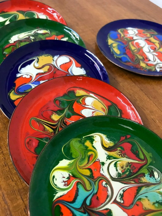 Image 1 of Enameled vintage small pin bowls coasters 70s