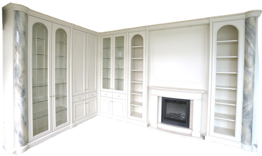 Wall cabinet with display cases, open sections, doors, gold details, fireplace, hearth, recessed lighting, etc.