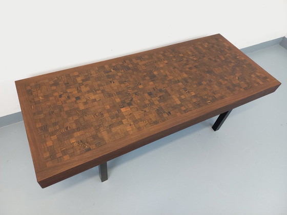 Image 1 of Vintage rectangular coffee table by Dieter Wackerlin in wenge wood mosaic and black metal legs from the 60s/70s