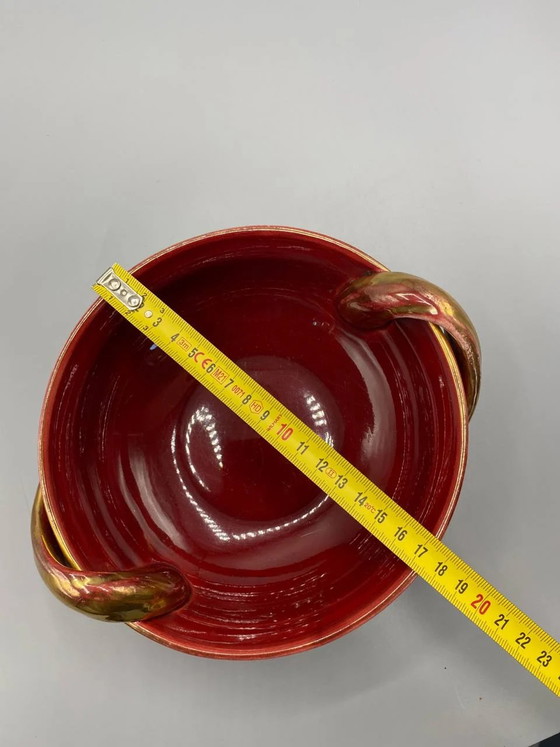 Oxblood Red Ceramic Bowl with Golden Handles, Vintage Centerpiece – Crockery (photo 4 of 5)