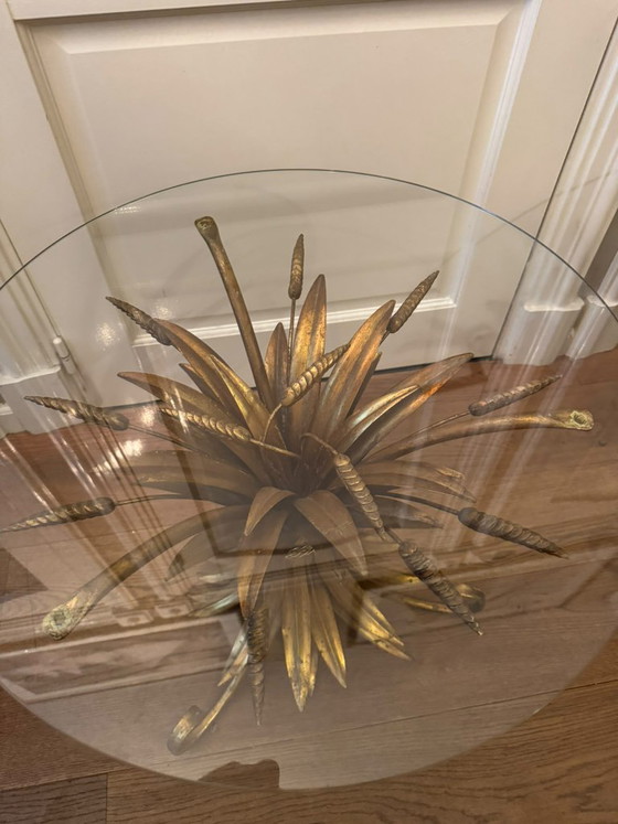 Hollywood Regency Side tables with golden grain motif, Metal, Glass (photo 3 of 10)