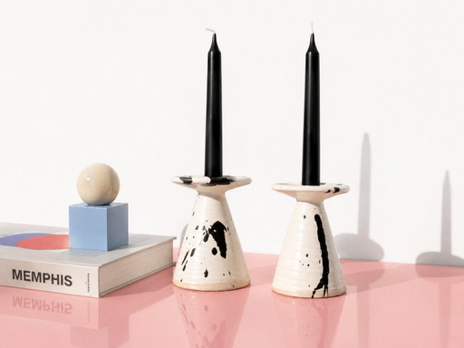 Bougeoirs en céramique rares, style postmoderne, à décor éclaboussé, de Karsten Nielsen KN, Danemark