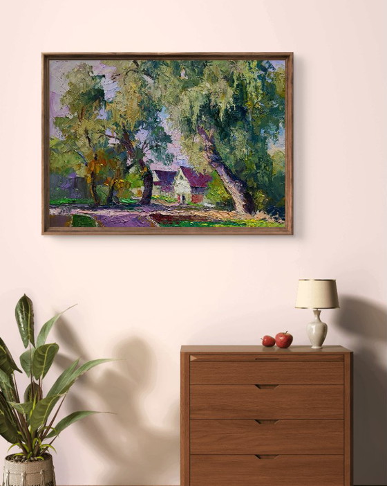 Original Oil Painting Rural Landscape Village Street Willows Near The Yard – Paintings & Drawings, Canvas (photo 2 of 7)