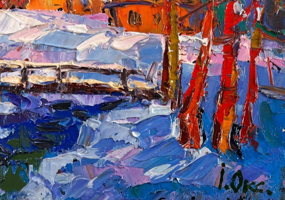 Image 1 of Original Oil Painting Winter Village Landscape Frosty breath of dawn