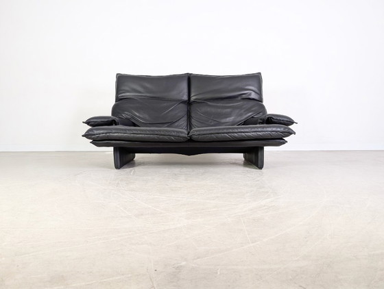 Image 1 of Vintage Italian 3-seater sofa, design couch, black leather, 1980s