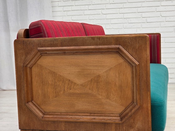 Image 1 of 1950s, Danish 2 seater drop arm sofa, original striped red furniture wool, oak wood.