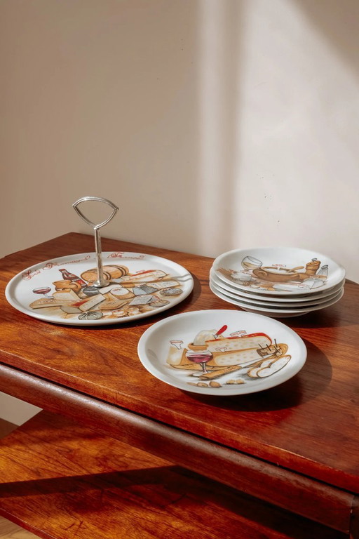 Set di 5 piatti da formaggio in porcellana francese + grande piatto da portata