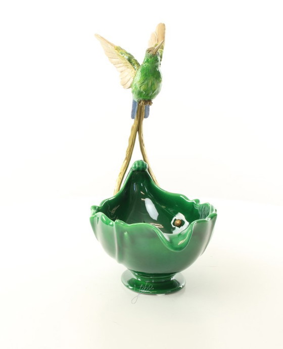 Image 1 of HUMMINGBIRD PLANTER JASMINE PORCELAIN + BRONZE ORMOLU BIRD BOWL SCULPTURE