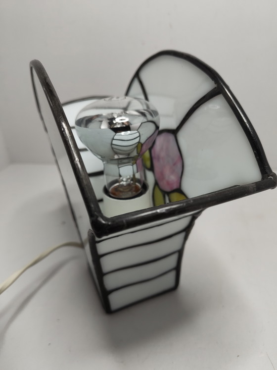 Vintage Tiffany Style Table Lamp – Stained Glass with Pink Rose – Herner Glas, Metal (photo 4 of 11)