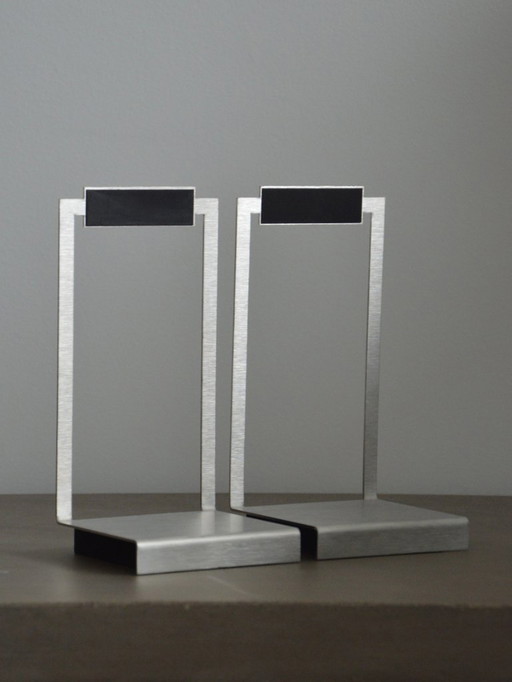 Vintage Handcrafted Bookends in Brushed Steel and Wood - Modernist/Mid-Century Design, Unsigned