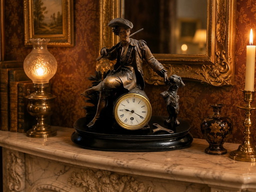 Pendule française ancienne à motif de chasseur et de chien – env. 35 cm – klokken, Iron, Other