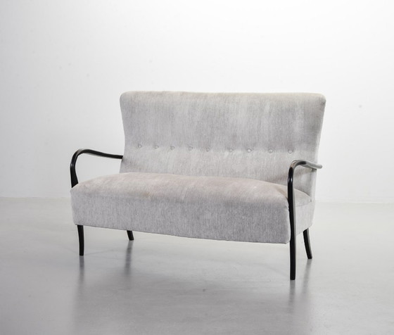 Image 1 of Distinguished Italian Mid-Century Design Guglielmo Ulrich Two Seat Sofa in Soft Silver Velvet Fabric. Italy, 1950s.