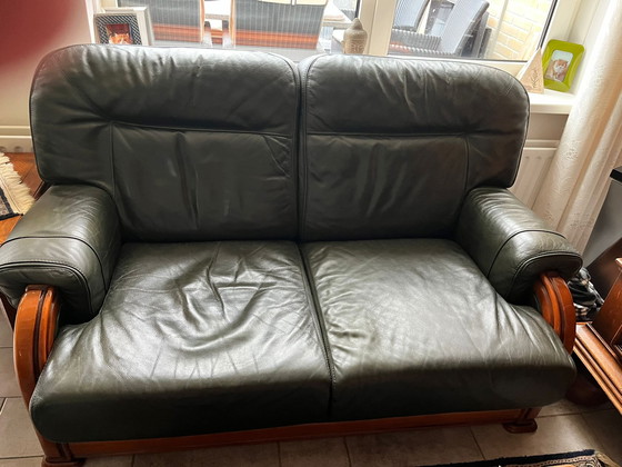 Image 1 of 2x sofá 2 plazas y 1× sillón cuero verde oscuro
