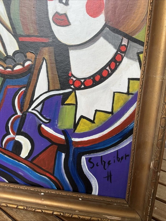 Image 1 of VINTAGE Portrait de style Hugó Scheiber | EXPRESSIONNISTE Cubisme Femme Peinture à l'huile Signée SCHREIBER H