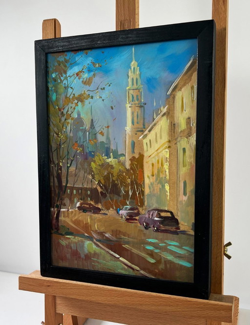 Original Oil Painting Autumn City Landscape Street in motion
