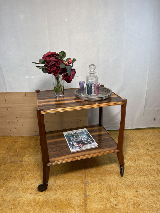 Image 1 of Mid-Century Retro Vintage Walnut Two-Tier Serving Trolley by Morris of Glasgow 1960