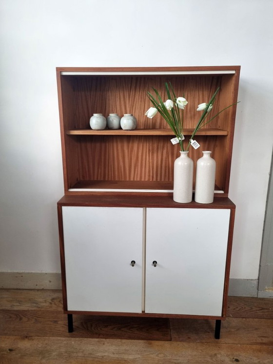 Image 1 of Set of two vintage cabinets with ribbed glass – warm wood & white (mid-century look)