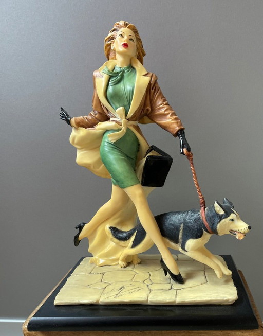 Tessaro Figurines Sculpture Vintage Dame Élégante avec Berger Allemand