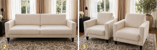 Luxury 3-seater sofa + 2 ecru boucle armchairs | extendable seats
