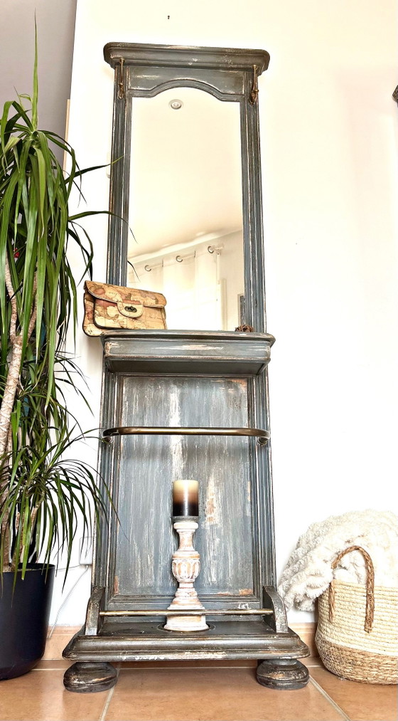 Old entrance coat rack patinated blue-grey with mirror, Vintage charm, Shelving unit, Wood (photo 9 of 15)