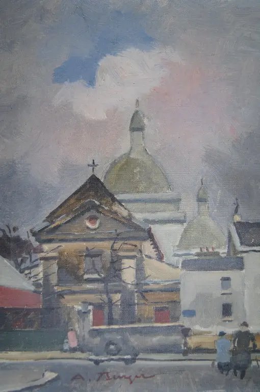 Mitte 20. Jahrhundert "Die Kirche" Impressionistisches Landschaftsölgemälde von Antoine Burger (photo 2 of 11)
