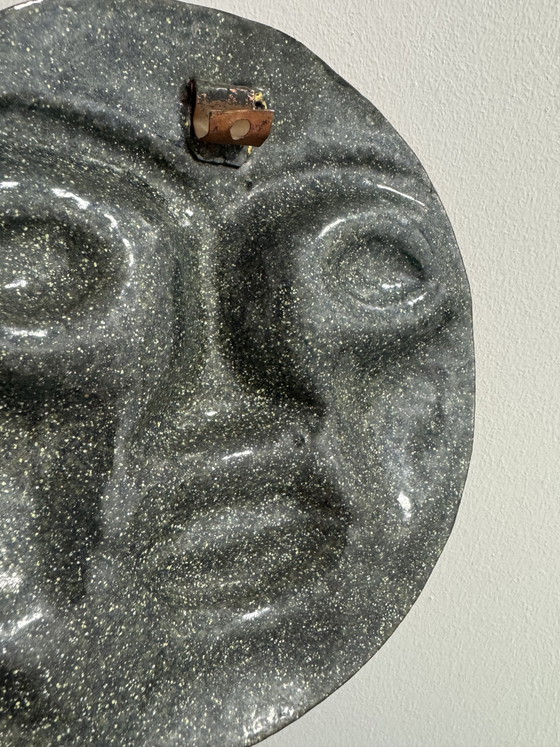 Image 1 of 1960s repoussé and enameled brass face sculpture