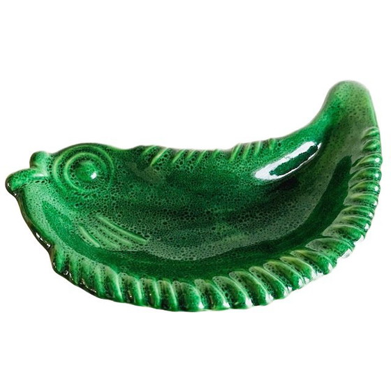 Image 1 of Antique Art Deco French Faience fish bowl green glazed ceramic vide-poche Majolica 1920's