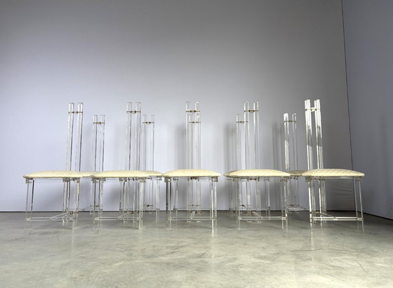 Sedie da pranzo in ottone e lucite, set di 10 - anni '70 – Plexiglass, Textile (photo 16 of 17)