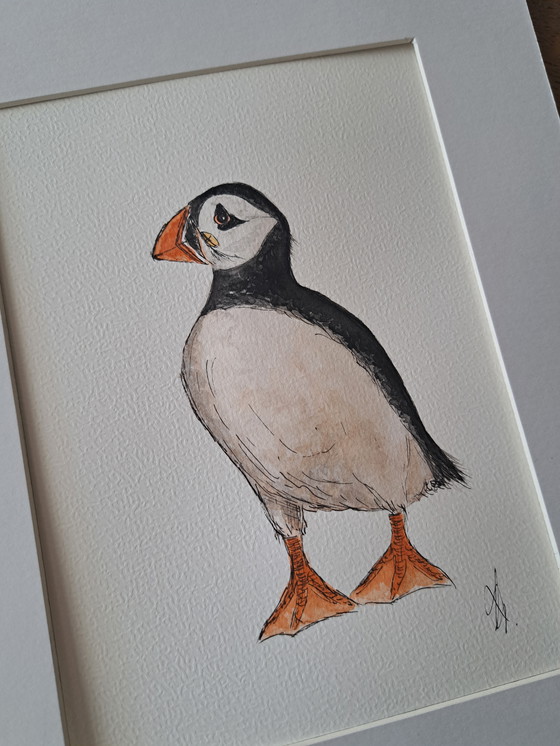 Image 1 of Watercolor painting puffin, original in frame