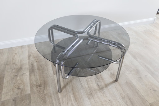 Table basse Space Age en verre fumé et chrome - années 1970