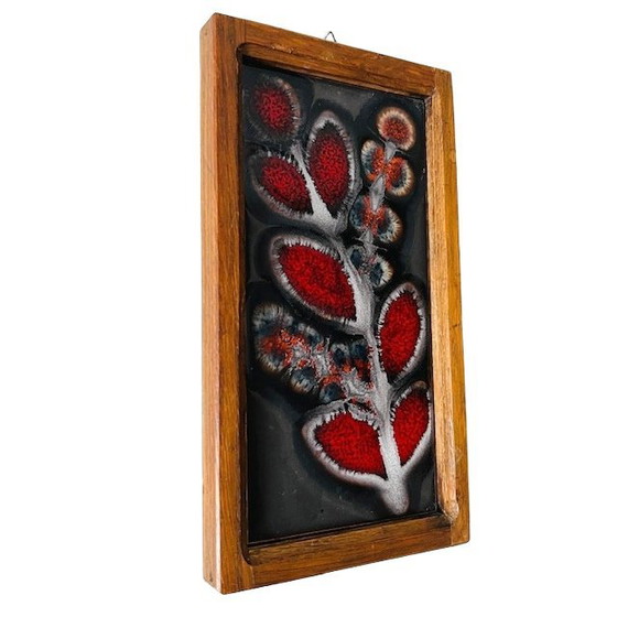 Image 1 of Framed West Germany wall plaque flowers ceramic teak West Germany 1960s